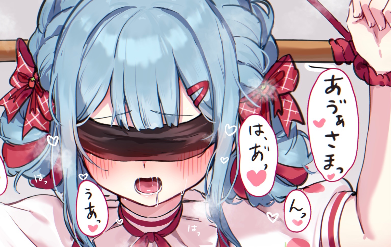meu203, togawa sakiko, bang dream!, bang dream! it's mygo!!!!!, sweets paradise, commentary request, translation request, 1girl, bdsm, blindfold, blue hair, blush, bow, braid, hair bow, implied yuri, open mouth, red bow, restrained, saliva, solo