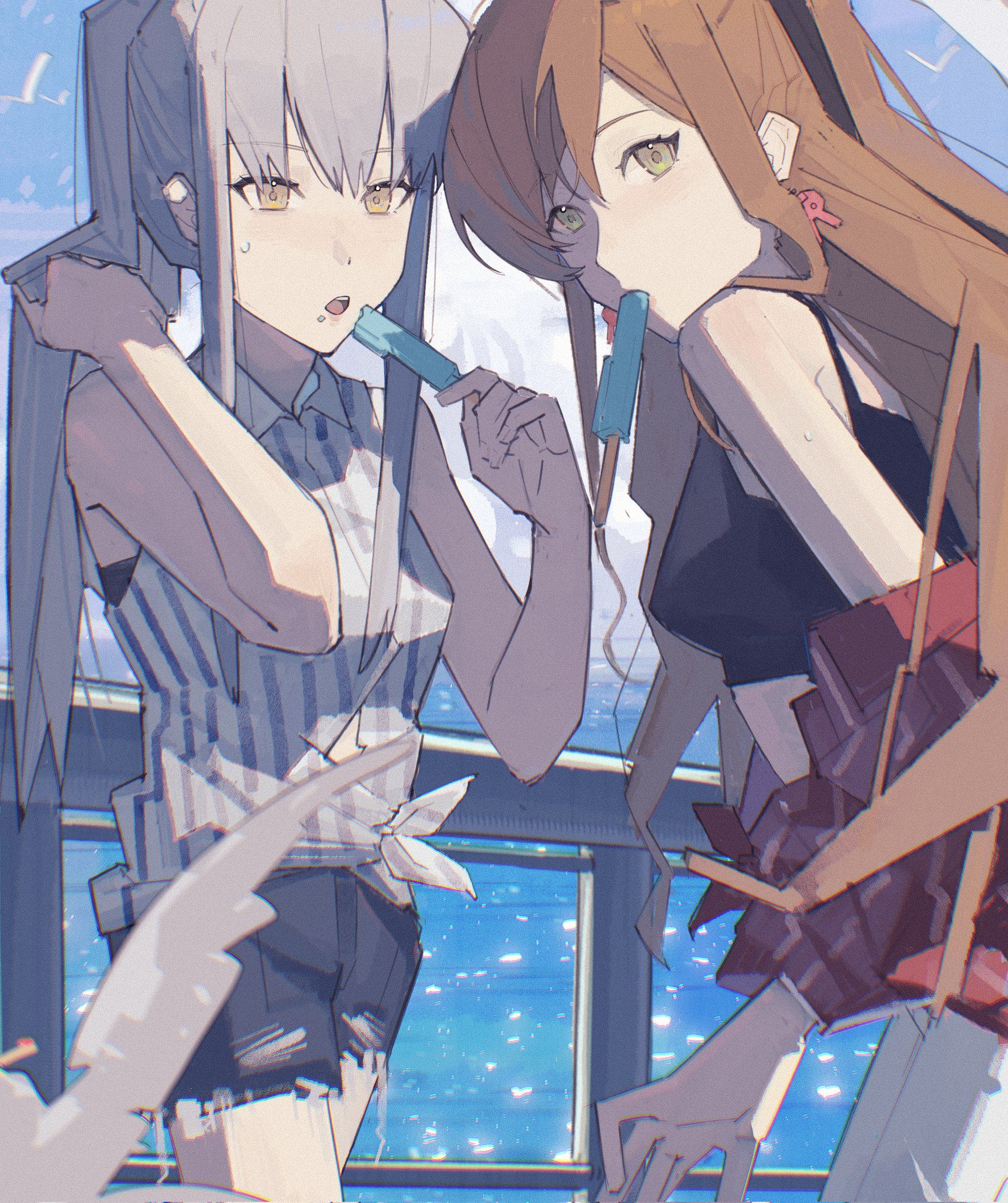 toumeiii, imai lisa, minato yukina, bang dream!, commentary request, highres, 2girls, bird, black camisole, black hairband, black shorts, blue shirt, breasts, camisole, crop top, food, food in mouth, food on face, grey hair, hairband, holding, holding food, holding popsicle, jacket, long hair, medium breasts, multiple girls, open mouth, ponytail, popsicle, popsicle in mouth, railing, red jacket, seagull, shirt, shorts, sidelocks, sleeveless, sleeveless shirt, striped clothes, striped shirt, sweatdrop, tied shirt, white shirt, yellow eyes
