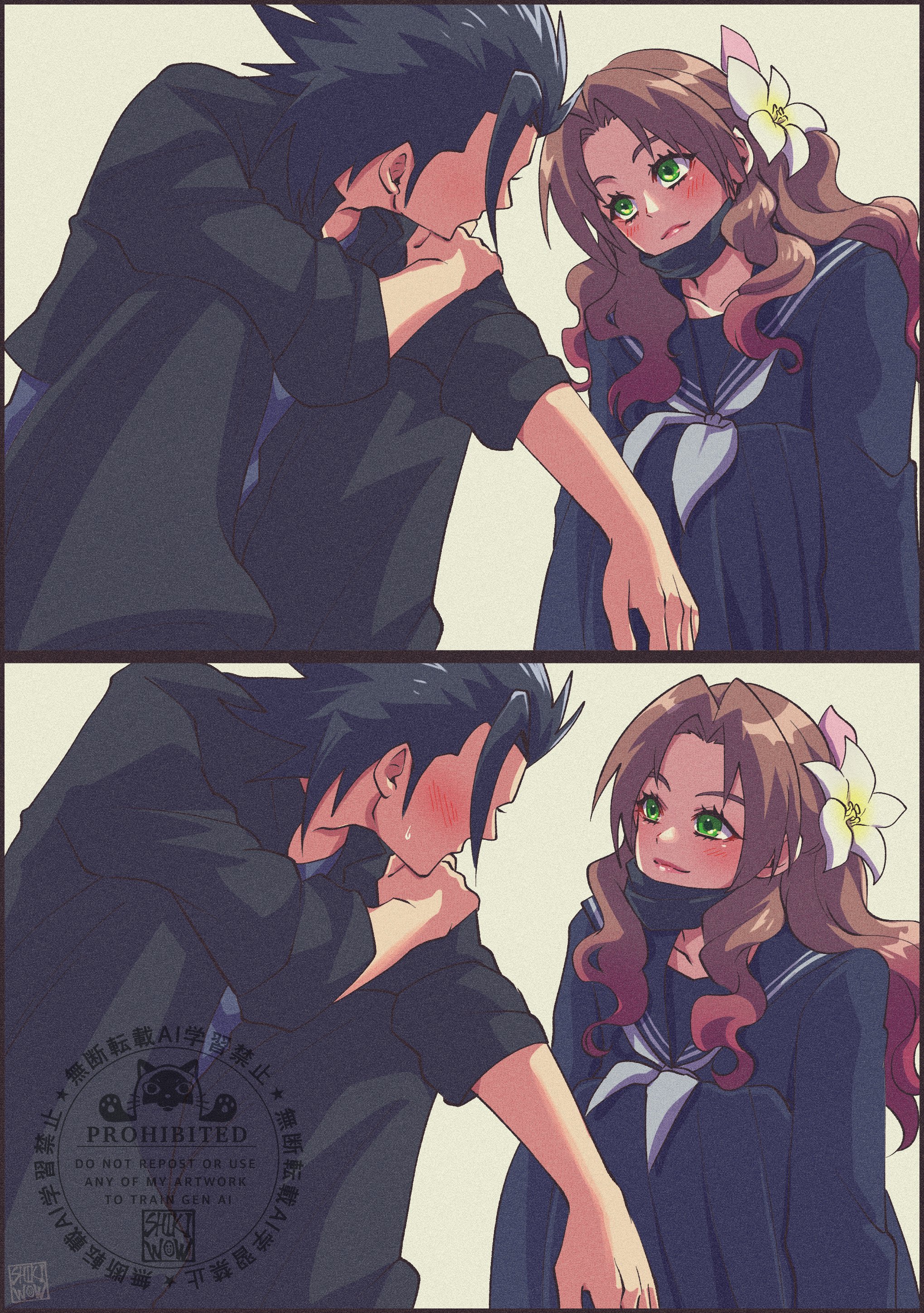 shikiwo, aerith gainsborough, zack fair, final fantasy, final fantasy vii, final fantasy vii ever crisis, absurdres, highres, mixed-language commentary, 1boy, 1girl, aerith gainsborough (midgard seventh high school), black hair, black jacket, black pants, black serafuku, blue shirt, blush, brown hair, closed mouth, couple, feet out of frame, flower, green eyes, hair flower, hair ornament, hair ribbon, head tilt, jacket, lips, long hair, looking at another, mask, mask pull, mouth mask, neckerchief, official alternate costume, pants, parted bangs, pink lips, pink ribbon, ribbon, school uniform, serafuku, shirt, smile, spiked hair, squatting, sweatdrop, white neckerchief, yellow flower, zack fair (midgard seventh high school)