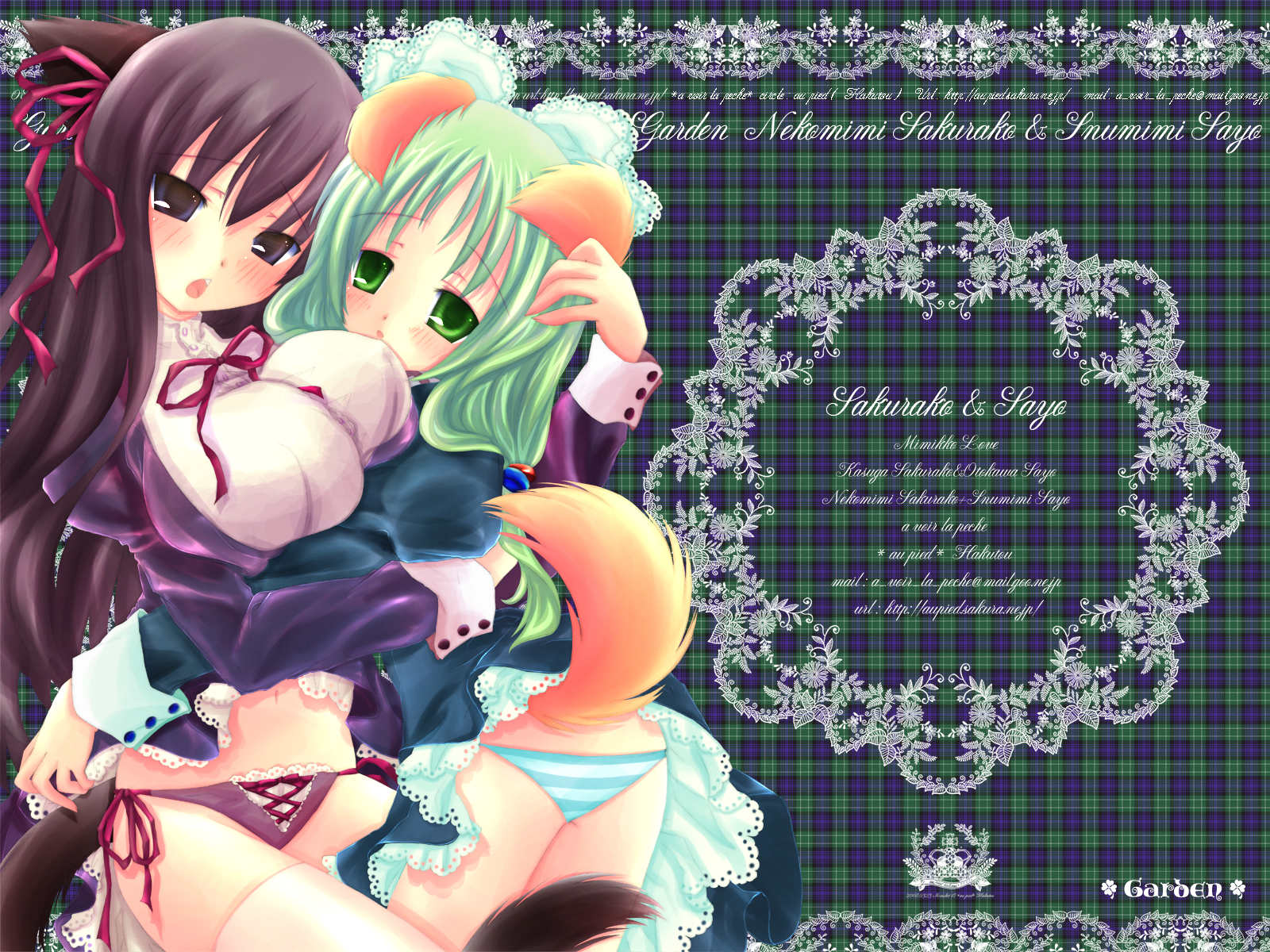 hakutou (au pied), kasuga sakurako, otokawa sayo, garden (game), highres, 2girls, animal ears, brown eyes, brown hair, clothes lift, dog ears, dress, dress lift, green eyes, green hair, hair ribbon, long hair, multiple girls, panties, purple panties, ribbon, side-tie panties, striped clothes, striped panties, tail, underwear