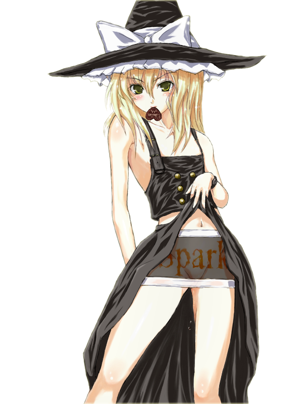 kuku, kirisame marisa, touhou, 1girl, blonde hair, censored, clothes lift, dress, dress lift, female focus, long hair, mouth hold, solo