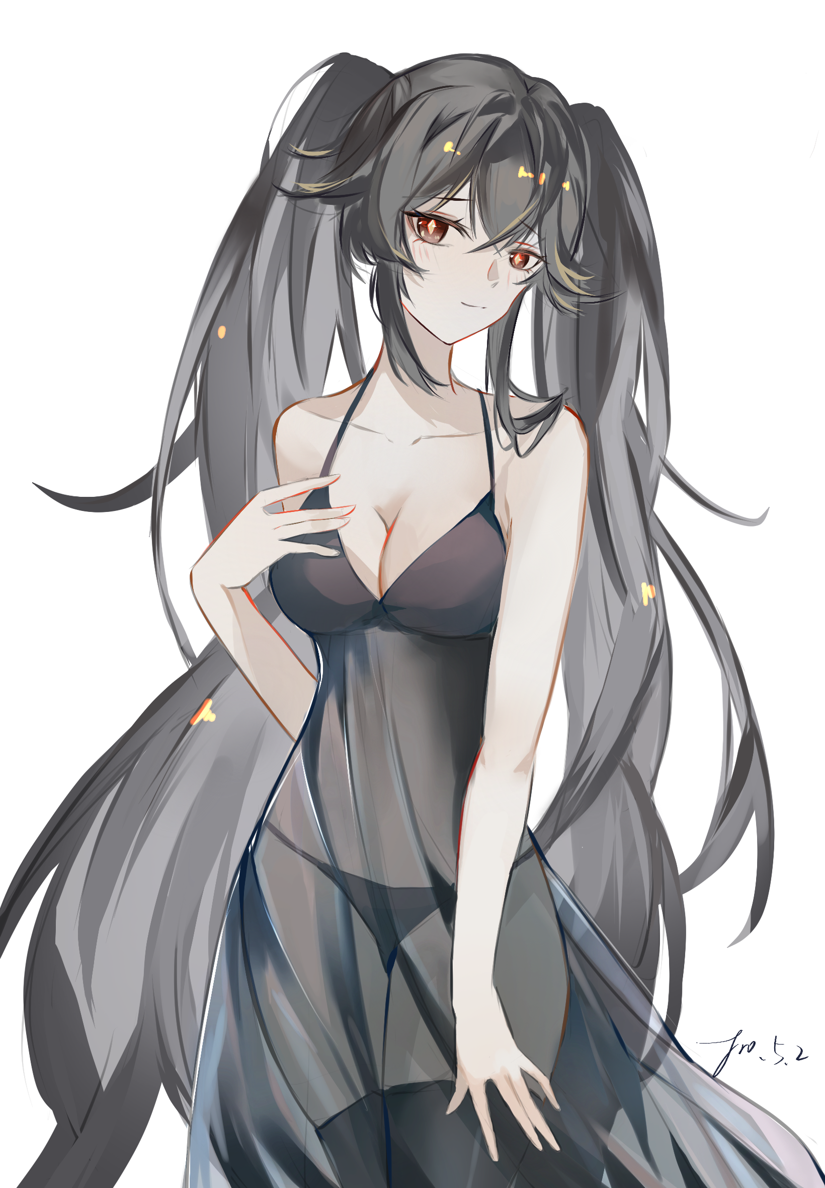 francis cairo, lucia (pgr), punishing: gray raven, highres, 1girl, absurdly long hair, alternate costume, bare arms, black dress, black hair, black panties, black thighhighs, breasts, cleavage, dress, long hair, medium breasts, panties, red eyes, see-through clothes, see-through dress, sidelocks, signature, solo, thighhighs, twintails, underwear, very long hair, white background
