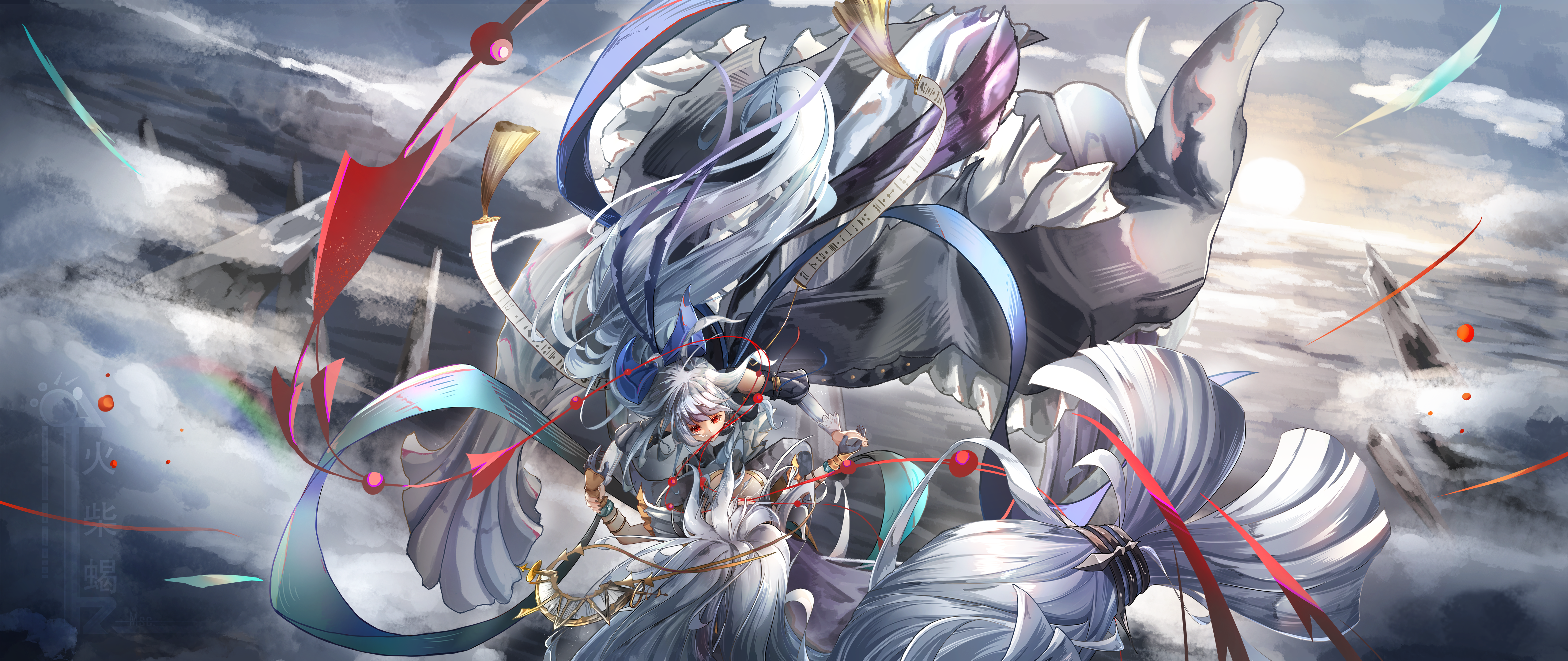 huochai xie msc, skadi (arknights), skadi the corrupting heart (arknights), skadi the corrupting heart (sublimation) (arknights), specter (arknights), specter the unchained (arknights), arknights, absurdres, highres, 2girls, black dress, black gloves, black nails, blue bow, bow, breasts, cleavage, clothing cutout, cloud, dalachi (headdress), dress, falling, gloves, grey hair, hand grab, headdress, holding another's arm, long hair, long sleeves, low-tied long hair, multiple girls, ocean, off-shoulder dress, off shoulder, official alternate costume, puffy sleeves, red eyes, ribbon, shoulder cutout, sidelocks, sun, tears, two-tone dress, very long hair, wrist cuffs, wrist guards