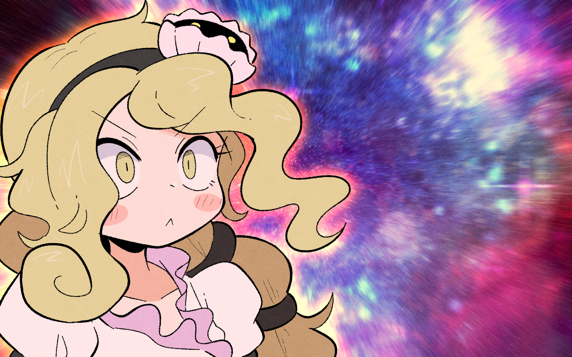 kurachi mizuki, watari nina, touhou, commentary request, highres, 1girl, :<, black hairband, blush stickers, brown hair, collarbone, eyelashes, hairband, long hair, looking ahead, meme, motion blur, shirt, solo, space cat (meme), upper body, very long hair, white shirt