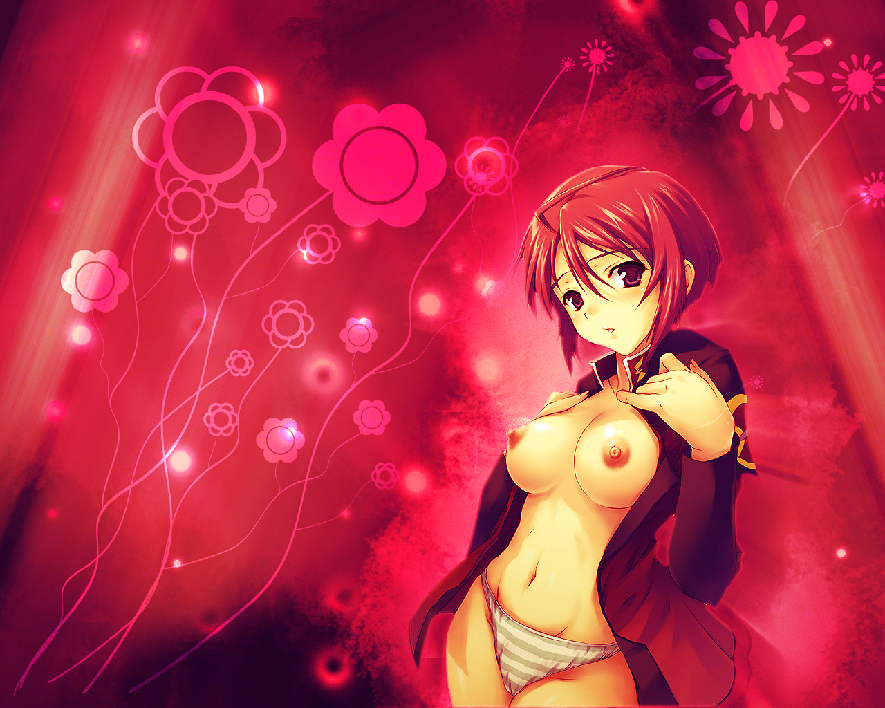 lunamaria hawke, gundam, gundam seed, gundam seed destiny, 00s, 1girl, breasts, coat, female focus, large breasts, nipples, no bra, open clothes, open coat, panties, red eyes, red hair, short hair, solo, striped clothes, striped panties, underwear