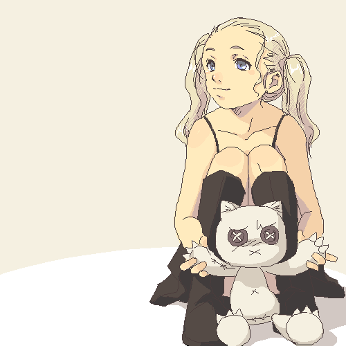 lowres, tagme, 1girl, blonde hair, button eyes, buttons, female focus, oekaki, socks, solo, twintails