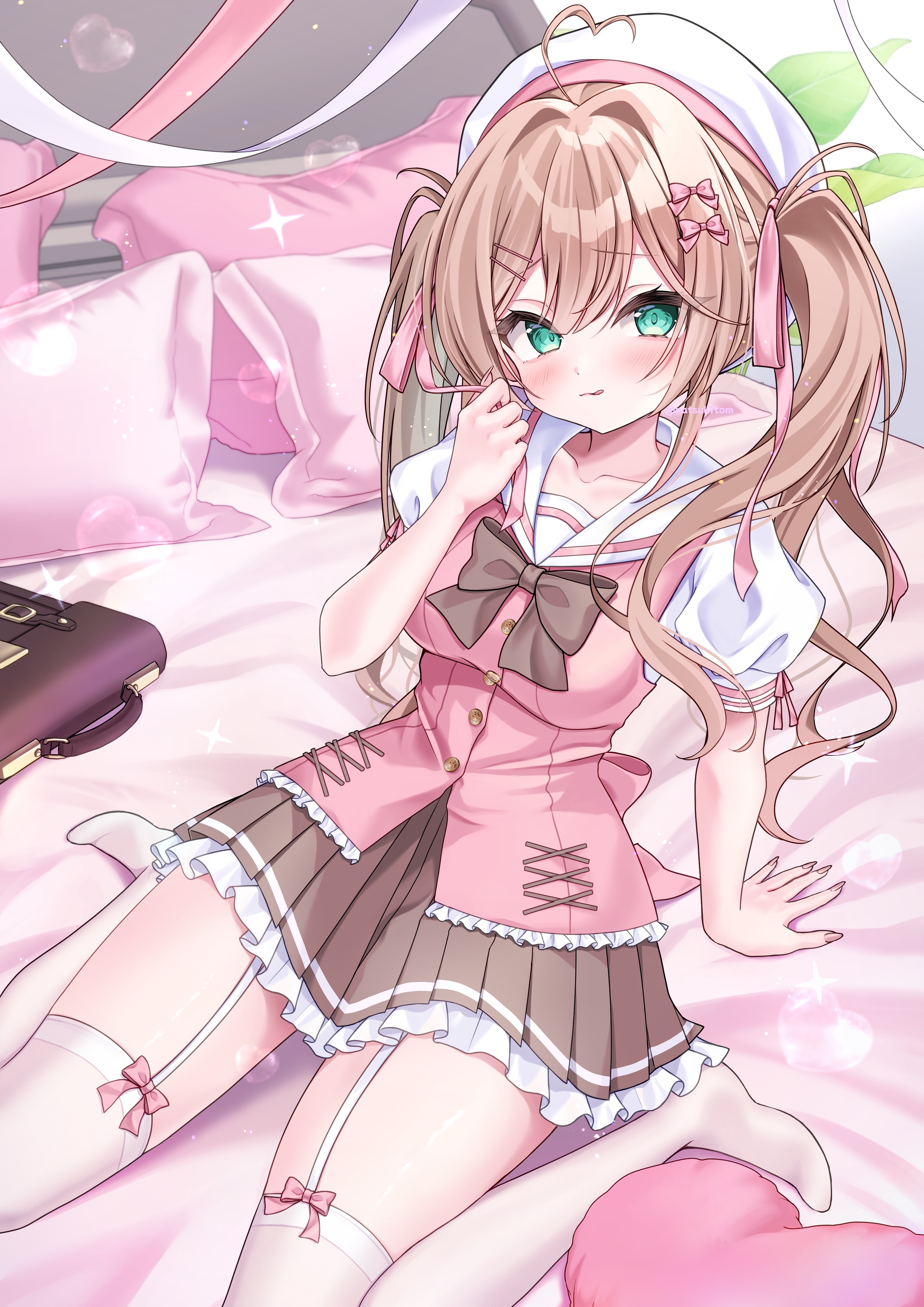 natsuk1tom, original, absurdres, highres, 1girl, ahoge, bed, blue eyes, blush, bow, breasts, brown bow, brown hair, brown skirt, closed mouth, collarbone, garter straps, green eyes, hair bow, hair ornament, hair ribbon, hat, indoors, long hair, looking at viewer, medium breasts, pillow, pink bow, pink shirt, pleated skirt, ribbon, shirt, short sleeves, sitting, skirt, smile, solo, thighhighs, tongue, tongue out, twintails, wariza, white shirt, white thighhighs