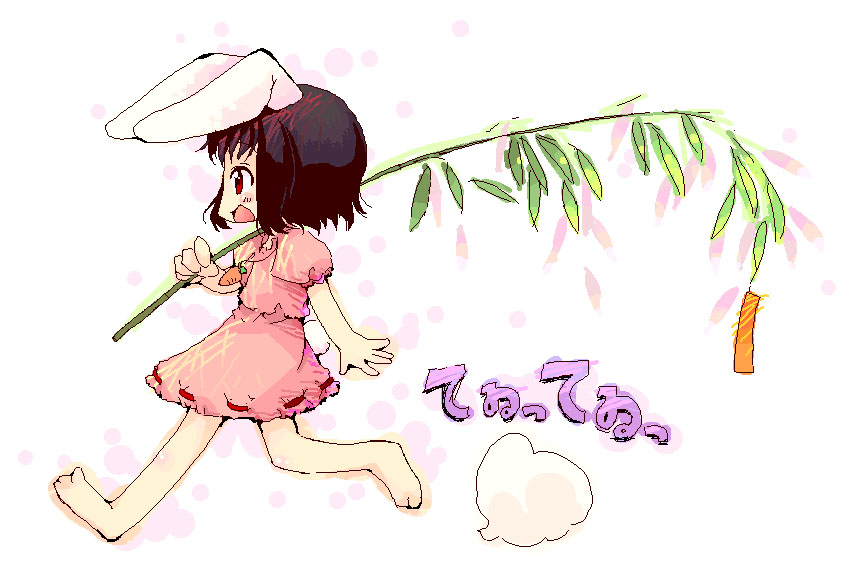 raina, inaba tewi, touhou, 1girl, barefoot, female focus, oekaki, rabbit girl, rabbit tail, solo, tanabata, tanzaku