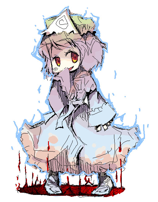 raina, saigyouji yuyuko, touhou, 1girl, aura, covering own mouth, female focus, hand over mouth, hand over own mouth, oekaki, orange eyes, red eyes, smile, solo