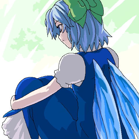 kiriu, cirno, shoot the bullet, touhou, lowres, 1girl, dress, female focus, oekaki, pinafore dress, sleeveless dress, solo
