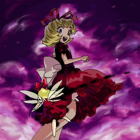 kiriu, medicine melancholy, su-san, touhou, lowres, 2girls, black shirt, bloomers, blouse, female focus, full body, multiple girls, oekaki, purple background, red shirt, shirt, solo, underwear, white bloomers