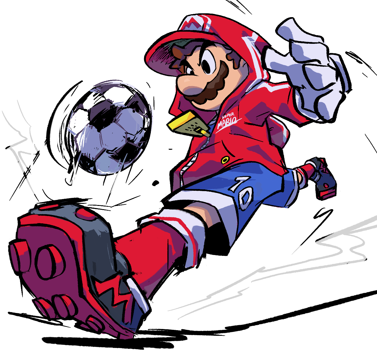 yamari (ya mari 6363), mario, mario (series), mario strikers (series), nintendo, highres, 1boy, alternate costume, ball, blue shorts, brown hair, facial hair, hands in pockets, hat, hood, hoodie, male focus, mustache, red hat, red hoodie, red socks, shoes, short hair, shorts, soccer ball, socks, solo, striker mario, white background