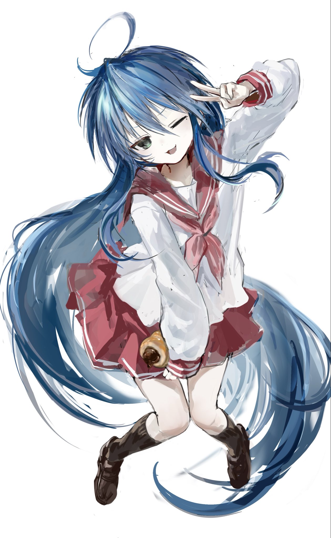 toqha3247, izumi konata, lucky star, highres, 1girl, absurdly long hair, ahoge, black socks, blue hair, brown shoes, chocolate cornet, food, green eyes, hair between eyes, holding, holding food, kneehighs, knees together feet apart, loafers, long hair, long sleeves, looking at viewer, mole, mole under eye, neckerchief, one eye closed, open mouth, pleated skirt, red neckerchief, red sailor collar, red skirt, ryouou school uniform, sailor collar, school uniform, shirt, shoes, simple background, skirt, smile, socks, v, very long hair, white background, white shirt