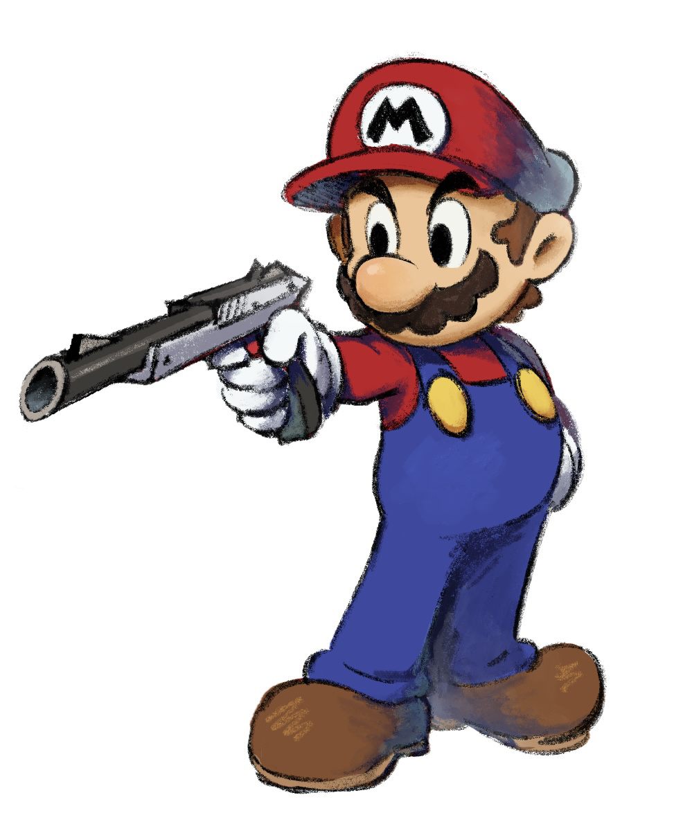 yamari (ya mari 6363), mario, 2024 summer olympics, mario & luigi rpg, mario (series), nintendo, olympics, highres, 1boy, aiming, black eyes, blue overalls, boots, brown boots, brown hair, facial hair, finger on trigger, full body, gloves, gun, hat, holding, holding gun, holding weapon, long sleeves, looking to the side, male focus, masanori sato (style), meme, mustache, nes zapper, overalls, red hat, red shirt, shirt, short hair, simple background, solo, standing, weapon, white background, white gloves, yusuf dikec (meme)