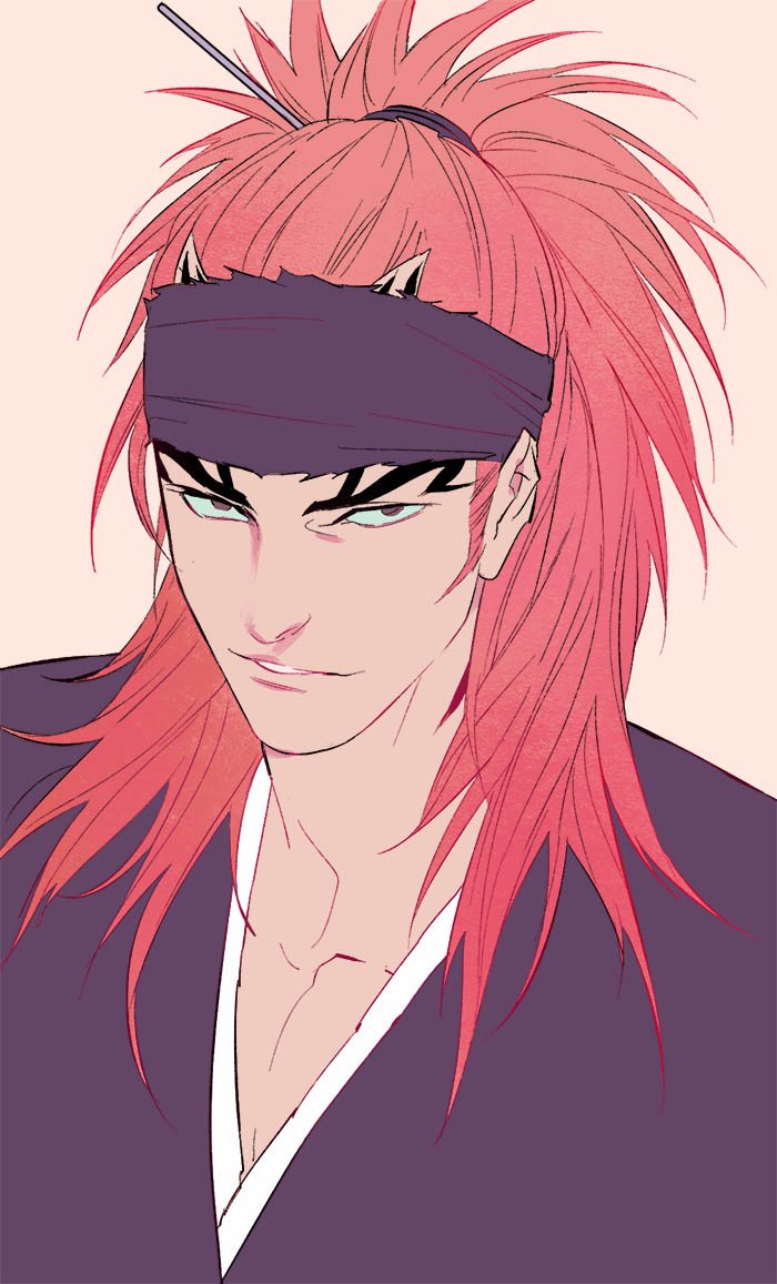 huangdanlan, abarai renji, bleach, commentary, english commentary, 1boy, black eyes, headband, horns, japanese clothes, long hair, looking at viewer, male focus, parted lips, pectoral cleavage, pectorals, ponytail, simple background, solo, upper body