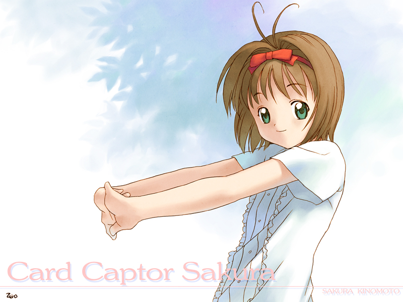 circle garyuu, kinomoto sakura, cardcaptor sakura, cherry third, 1990s (style), 1girl, antenna hair, bow, brown hair, child, female focus, green eyes, hairband, looking at viewer, outstretched arms, retro artstyle, shirt, short sleeves, solo, stretching, upper body, white shirt