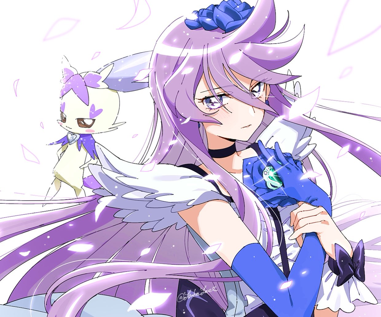 shirako love, cologne (heartcatch precure!), cure moonlight, tsukikage yuri, heartcatch precure!, precure, 1girl, black choker, blue gloves, bow, choker, closed mouth, elbow gloves, flower, gloves, hair flower, hair ornament, hand on own wrist, long hair, looking at viewer, magical girl, petals, purple hair, short sleeves, single glove, waist bow, white petals