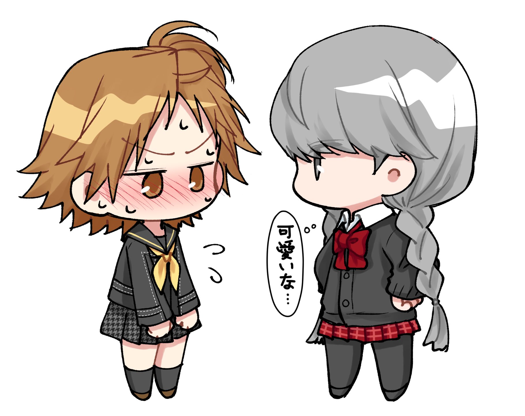 hanamura yousuke, narukami yu, persona, persona 4, commentary request, highres, translation request, 2boys, black cardigan, black shirt, black skirt, blush, bow, bowtie, braid, brown eyes, brown hair, cardigan, chibi, chibi only, crossdressing, crossdressing (mtf), ebak k3, full body, grey eyes, grey hair, houndstooth, long hair, long sleeves, looking at another, male focus, multiple boys, no mouth, pleated skirt, red bow, red bowtie, red skirt, sailor collar, school uniform, shirt, short hair, simple background, skirt, speech bubble, standing, sweat, thought bubble, twin braids, white background, yasogami school uniform