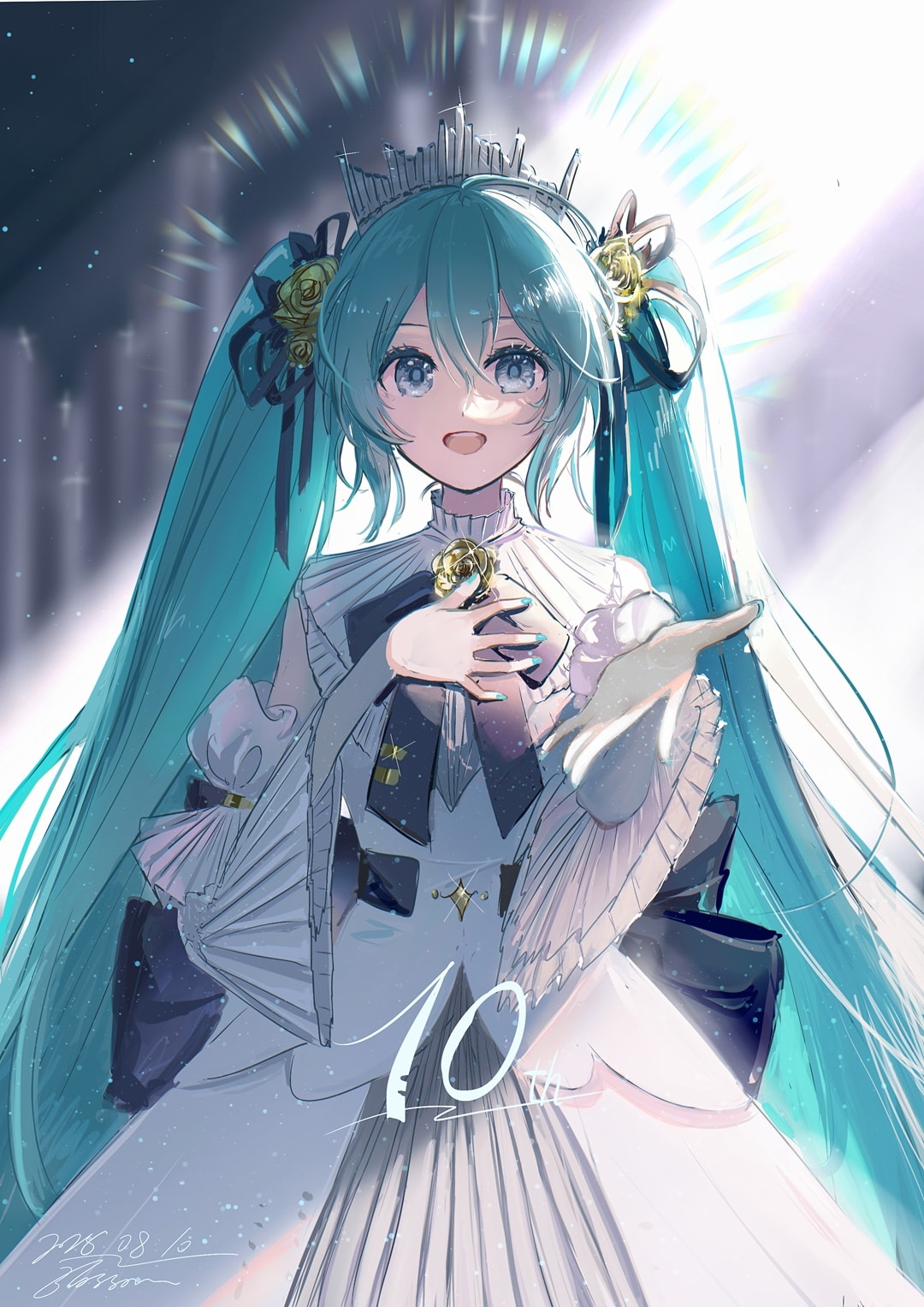 hatsune miku, miku symphony (vocaloid), vocaloid, highres, 1girl, aqua eyes, aqua hair, aqua nails, blossom0816, detached sleeves, dress, hair between eyes, hair ornament, hand on own chest, long hair, long sleeves, looking at viewer, open mouth, reaching, reaching towards viewer, signature, sleeveless, sleeveless dress, smile, solo, twintails, very long hair, white dress, wide sleeves