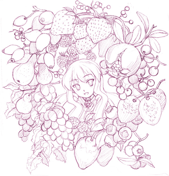 oryo (oryo04), louise francoise le blanc de la valliere, zero no tsukaima, graphite (medium), traditional media, 00s, 1girl, blueberry, female focus, food, fruit, grapes, monochrome, pear, pomegranate, purple theme, raspberry, solo, strawberry