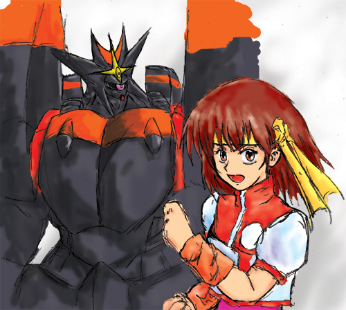 gunbuster, takaya noriko, top wo nerae!, top wo nerae! (series), lowres, hairband, headband, leotard, mecha, robot, solo