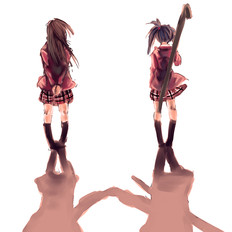 konoe konoka, sakurazaki setsuna, mahou sensei negima!, bad id, bad pixiv id, 00s, 2girls, arms behind back, black hair, brown hair, from behind, full body, hair ornament, hairpin, long hair, long sleeves, multiple girls, plaid clothes, plaid skirt, pleated skirt, school uniform, serafuku, side ponytail, skirt, standing, sword, very long hair, weapon
