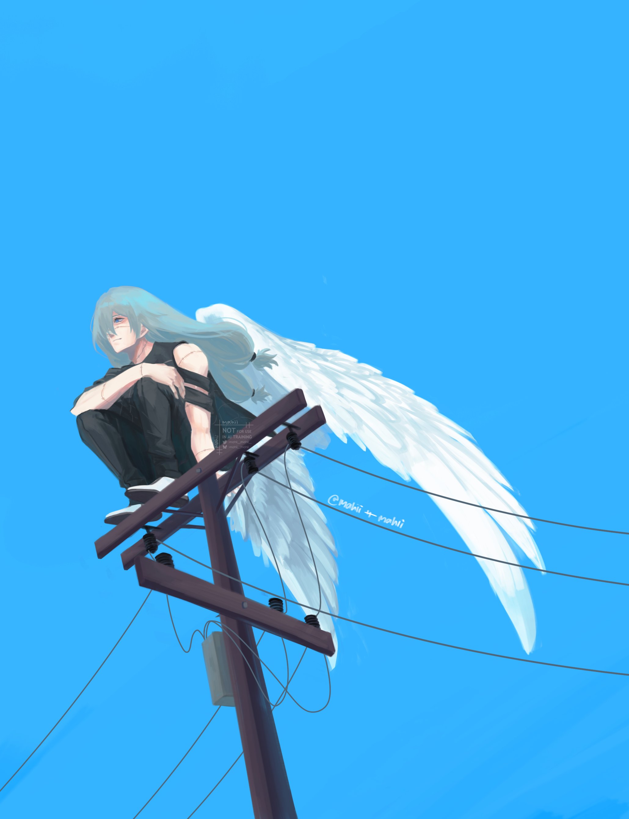 mahito (jujutsu kaisen), jujutsu kaisen, absurdres, highres, 1boy, angel, bird wings, blue background, blue eyes, blue sky, clear sky, closed mouth, long hair, low-tied long hair, mahii mahii, male focus, power lines, signature, sky, solo, stitched arm, stitched face, stitched neck, stitches, utility pole, watermark, wings