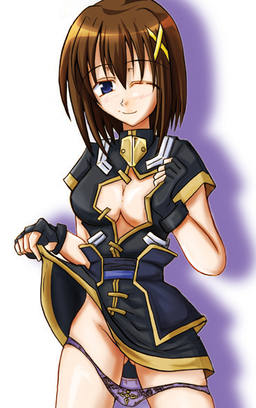 zinno, yagami hayate, lyrical nanoha, mahou shoujo lyrical nanoha, mahou shoujo lyrical nanoha strikers, 00s, 1girl, breasts, cleavage, cleavage cutout, clothes lift, clothing cutout, female focus, hair ornament, medium breasts, one eye closed, open clothes, open shirt, shirt, skirt, skirt lift, solo, wink, x hair ornament