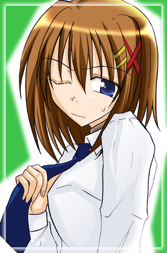 zinno, yagami hayate, lyrical nanoha, mahou shoujo lyrical nanoha, mahou shoujo lyrical nanoha strikers, lowres, source request, 00s, 1girl, brown hair, female focus, hair ornament, necktie, one eye closed, short hair, solo, wink, x hair ornament