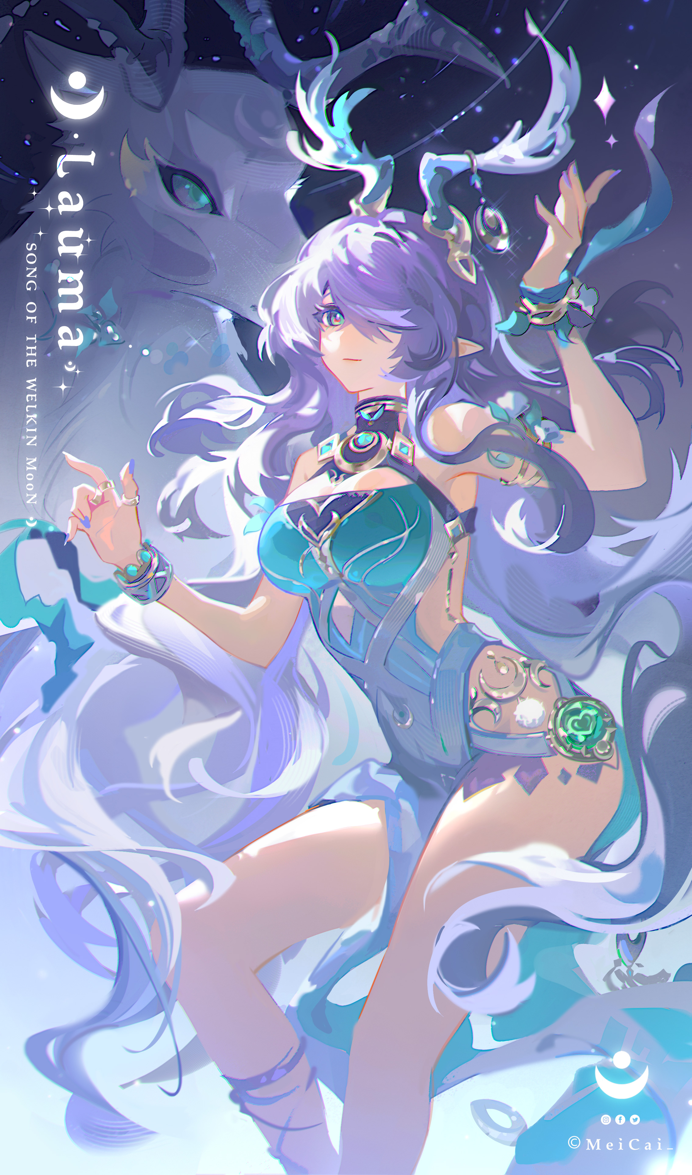 lauma (genshin impact), genshin impact, absurdres, highres, 1girl, 1other, antlers, bracelet, breasts, character name, cleavage, closed mouth, covered navel, dendro symbol (genshin impact), dress, green dress, green eyes, hair ornament, hair over one eye, horns, jewelry, large breasts, long hair, looking up, meicai, purple hair, purple nails, reindeer, reindeer antlers, smile, very long hair, vision (genshin impact)
