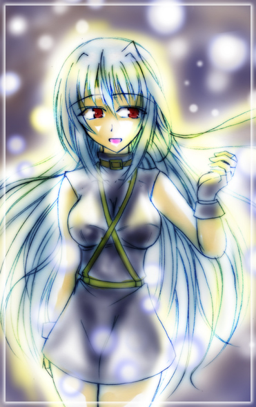 zinno, reinforce, lyrical nanoha, mahou shoujo lyrical nanoha, mahou shoujo lyrical nanoha a's, 00s, 1girl, :d, bare shoulders, black dress, blue hair, breasts, cowboy shot, dress, female focus, large breasts, long hair, open mouth, red eyes, skin tight, smile, solo, standing, very long hair