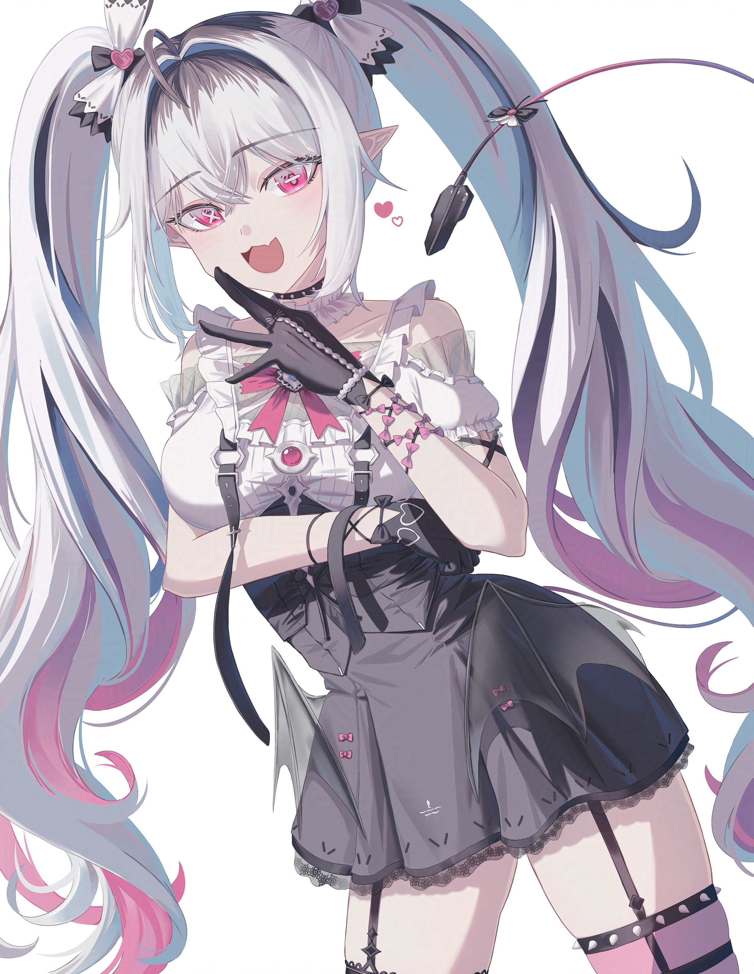 nininininil, jetavie (pgr), punishing: gray raven, absurdres, highres, 1girl, alternate costume, black bow, black gloves, black skirt, black streaks, bow, demon tail, dutch angle, fang, frilled skirt, frills, gloves, grey hair, hair bow, hair intakes, long hair, mechanical tail, mismatched pupils, open mouth, pink streaks, pointy ears, purple eyes, shirt, skin fang, skirt, slit pupils, solo, symbol-shaped pupils, tail, thighhighs, twintails, very long hair, white bow, white hair, white shirt, x-shaped pupils