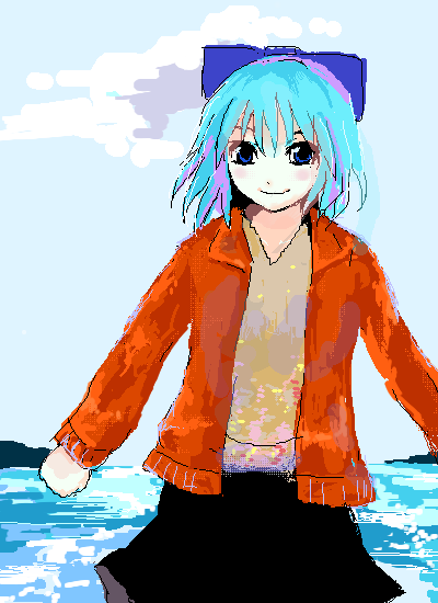 fujikawa daichi, cirno, touhou, 1girl, alternate costume, bow, casual, female focus, oekaki, smile, solo