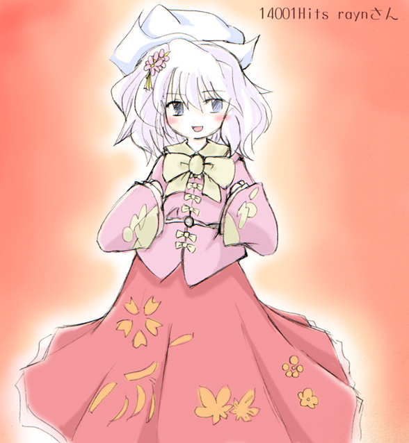 houraisan kaguya, letty whiterock, touhou, eyebrows, 1girl, blush, bow, cosplay, female focus, floral print, flower, grey eyes, hair flower, hair ornament, hat, houraisan kaguya (cosplay), leaf print, long sleeves, messy hair, open mouth, pink shirt, red background, red skirt, shirt, shirt bow, short hair, skirt, solo, white hair, white hat, yellow bow