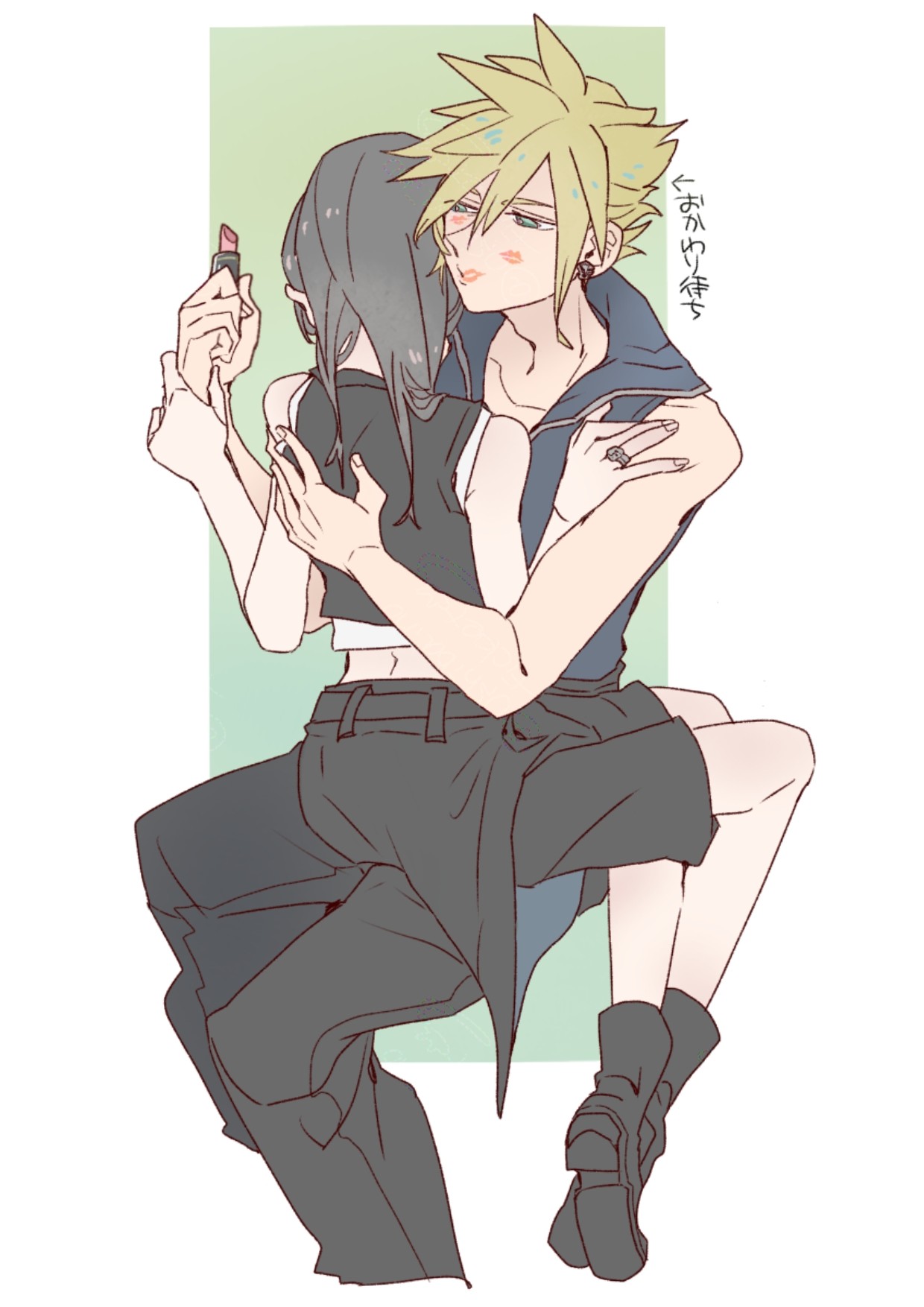 oshibainoticket, cloud strife, fenrir (final fantasy), tifa lockhart, final fantasy, final fantasy vii, final fantasy vii advent children, commentary request, highres, 1boy, 1girl, after kiss, apron, bare arms, bare shoulders, black apron, black hair, black pants, black shorts, black vest, blonde hair, blue eyes, blue shirt, collarbone, cosmetics, couple, earrings, feet out of frame, hand on another's back, holding, holding lipstick tube, hug, jewelry, lipstick mark, lipstick mark on cheek, lipstick mark on face, lipstick tube, long hair, pants, ring, shirt, short hair, shorts, single earring, sitting, sitting on lap, sitting on person, sleeveless, sleeveless shirt, spiked hair, tank top, vest, waist apron, white tank top