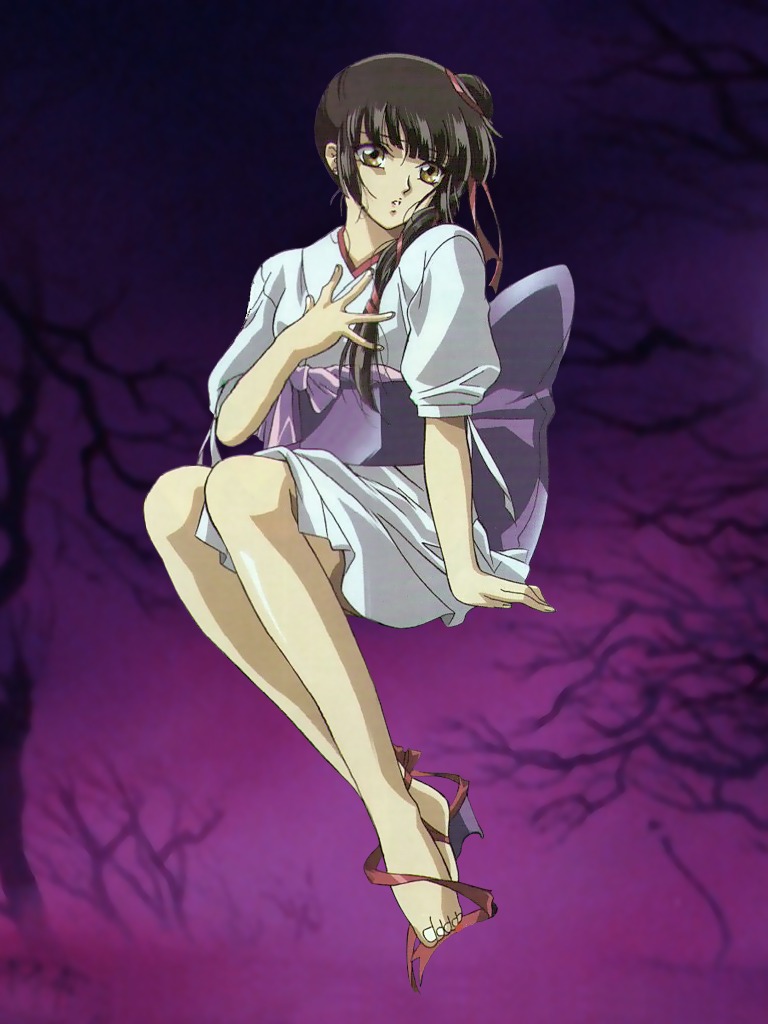 kakinouchi narumi, miyu (vampire princess miyu), vampire princess miyu, 1990s (style), 1girl, ankle ribbon, barefoot, black hair, blunt bangs, braid, female focus, hair bun, japanese clothes, kimono, leg ribbon, looking at viewer, purple background, retro artstyle, ribbon, single hair bun, single side bun, solo
