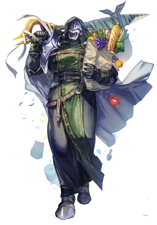 narita imomushi, commentary request, 1boy, apple, armor, armored boots, astra ludger doomsday, bag, baguette, bandaged weapon, bandages, belt, belt buckle, black gloves, black pants, black shirt, boots, bottle, bread, broccoli, brown belt, buckle, cape, closed mouth, food, fruit, full body, gloves, grapes, greatsword, grocery bag, hand up, helmet, holding, holding sword, holding weapon, hood, hood up, hooded shirt, it's my life (narita imomushi), jar, looking at viewer, male focus, multiple belts, over shoulder, pants, paper bag, pelvic curtain, shirt, shopping bag, solo, spring onion, standing, sword, toilet paper, walking, weapon, weapon over shoulder, white background, white cape
