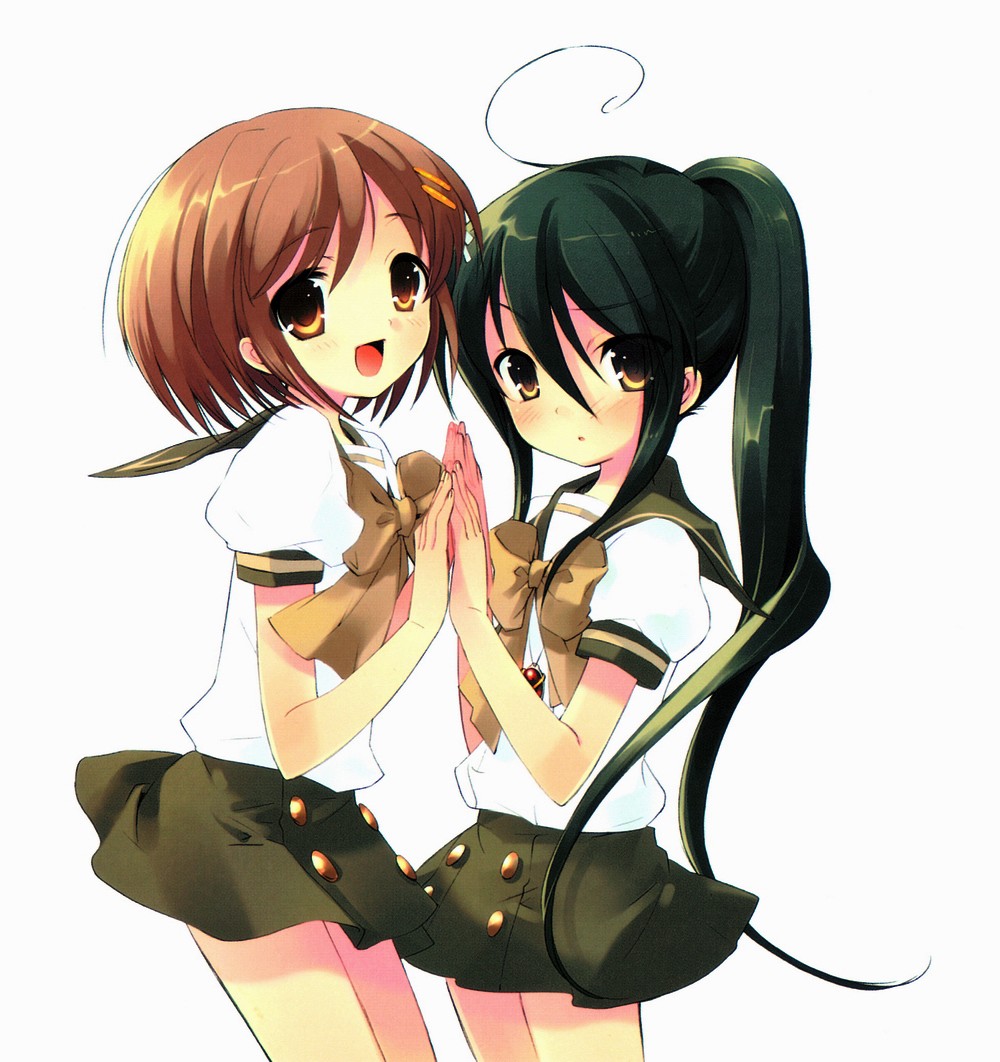 ito noizi, alastor (shakugan no shana), shana, yoshida kazumi, shakugan no shana, 00s, 2girls, ahoge, black hair, brown hair, holding hands, jewelry, long hair, multiple girls, pendant, ponytail, school uniform, serafuku, short hair
