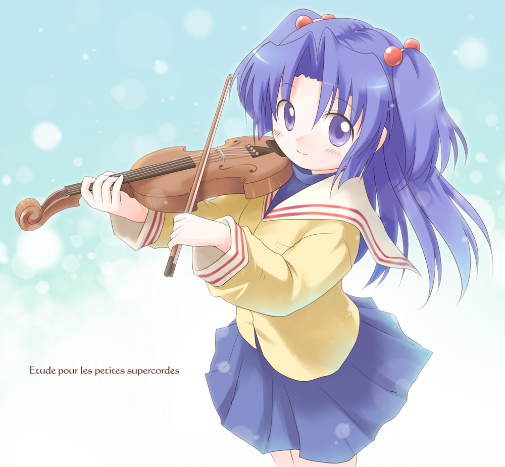 emurin, ichinose kotomi, clannad, 00s, 1girl, female focus, french text, hair bobbles, hair ornament, instrument, school uniform, serafuku, skirt, solo, twintails, two side up, violin