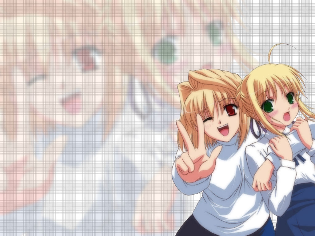 arcueid brunestud, artoria pendragon (fate), saber (fate), fate/stay night, fate (series), tsukihime, 00s, 2girls, ahoge, blonde hair, crossover, green eyes, long skirt, multiple girls, one eye closed, red eyes, skirt, sweater, v, wink, zoom layer