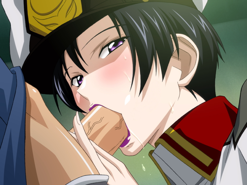 takapiko, natarle badgiruel, gundam, gundam seed, soul foundation, 00s, 1girl, black hair, blush, fellatio, hat, lipstick, makeup, military, military uniform, oral, peaked cap, penis, purple eyes, saliva, short hair, solo focus, sweat, uncensored