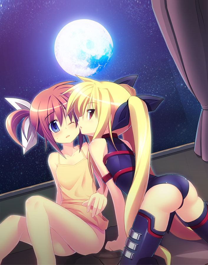 kazekawa nagi, fate testarossa, fate testarossa (lightning form), takamachi nanoha, lyrical nanoha, mahou shoujo lyrical nanoha, mahou shoujo lyrical nanoha a's, 00s, 2girls, arm belt, blonde hair, blue eyes, hair ribbon, magical girl, moon, multiple girls, one eye closed, purple eyes, red eyes, red hair, ribbon, thighhighs, twintails, window, wink, yuri