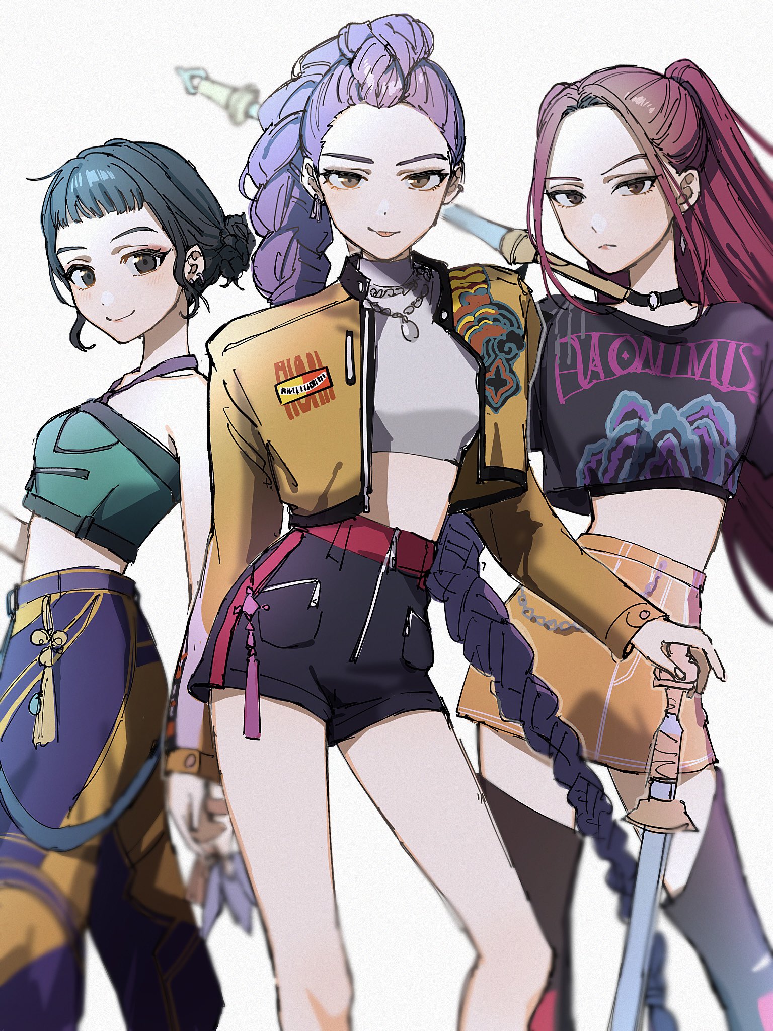 iwawa, mira (kpop demon hunters), rumi (kpop demon hunters), zoey (kpop demon hunters), kpop demon hunters, highres, 3girls, black choker, black hair, black shirt, black shorts, black thighhighs, choker, crop top, earrings, green shirt, high ponytail, holding, holding polearm, holding weapon, jacket, jewelry, long hair, looking at viewer, multiple girls, pants, parted bangs, polearm, ponytail, purple hair, purple pants, red hair, shirt, short hair, shorts, simple background, skirt, smile, thighhighs, twintails, very long hair, weapon, white background, white shirt, yellow jacket, yellow skirt
