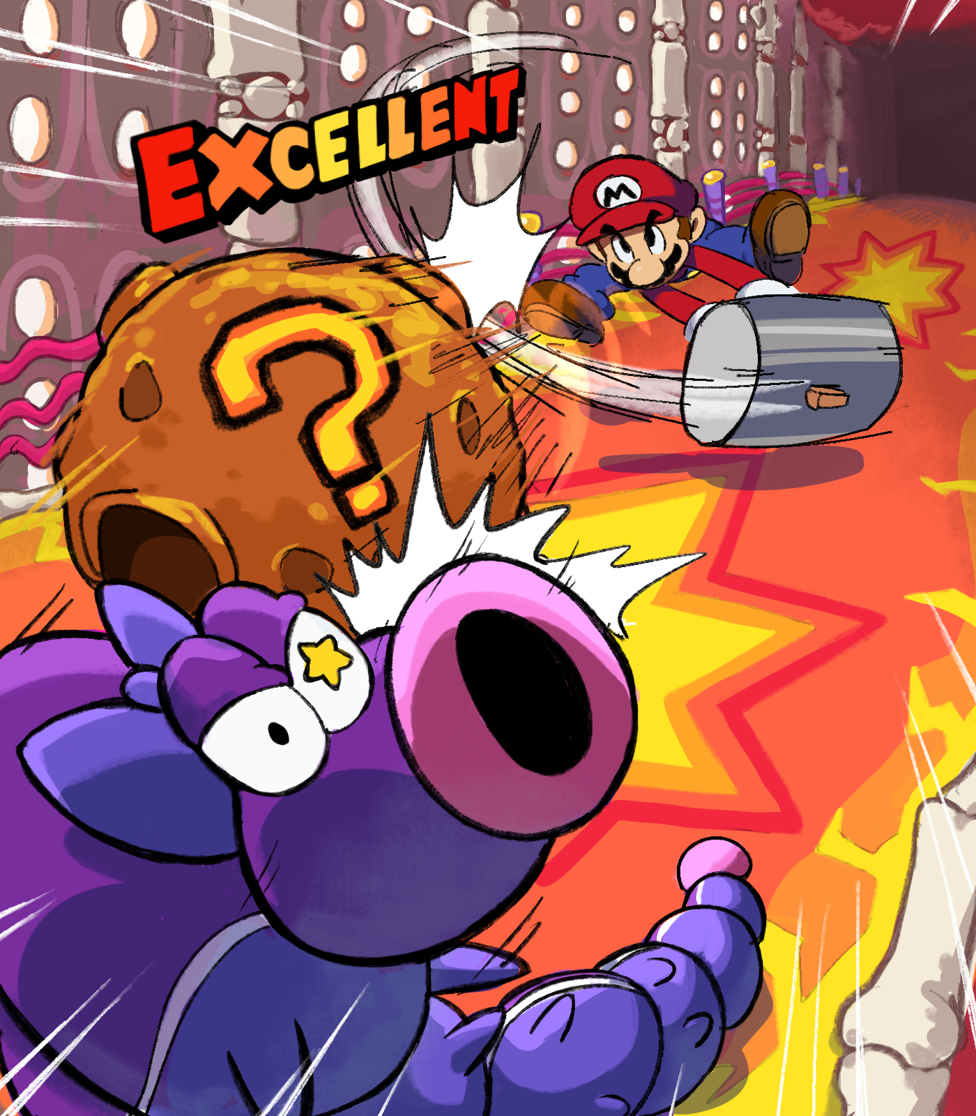 yamari (ya mari 6363), durmite x, mario, mario & luigi: bowser's inside story, mario & luigi rpg, mario (series), nintendo, highres, 1boy, ?, asteroid, blue overalls, boots, boss fight, brown shoes, bug, english text, gameplay mechanics, hammer, hat, holding, holding hammer, in-universe location, long sleeves, masanori sato (style), meteor, newsboy cap, overalls, red hat, red shirt, shirt, shoes, star-shaped pupils, star (symbol), symbol-shaped pupils