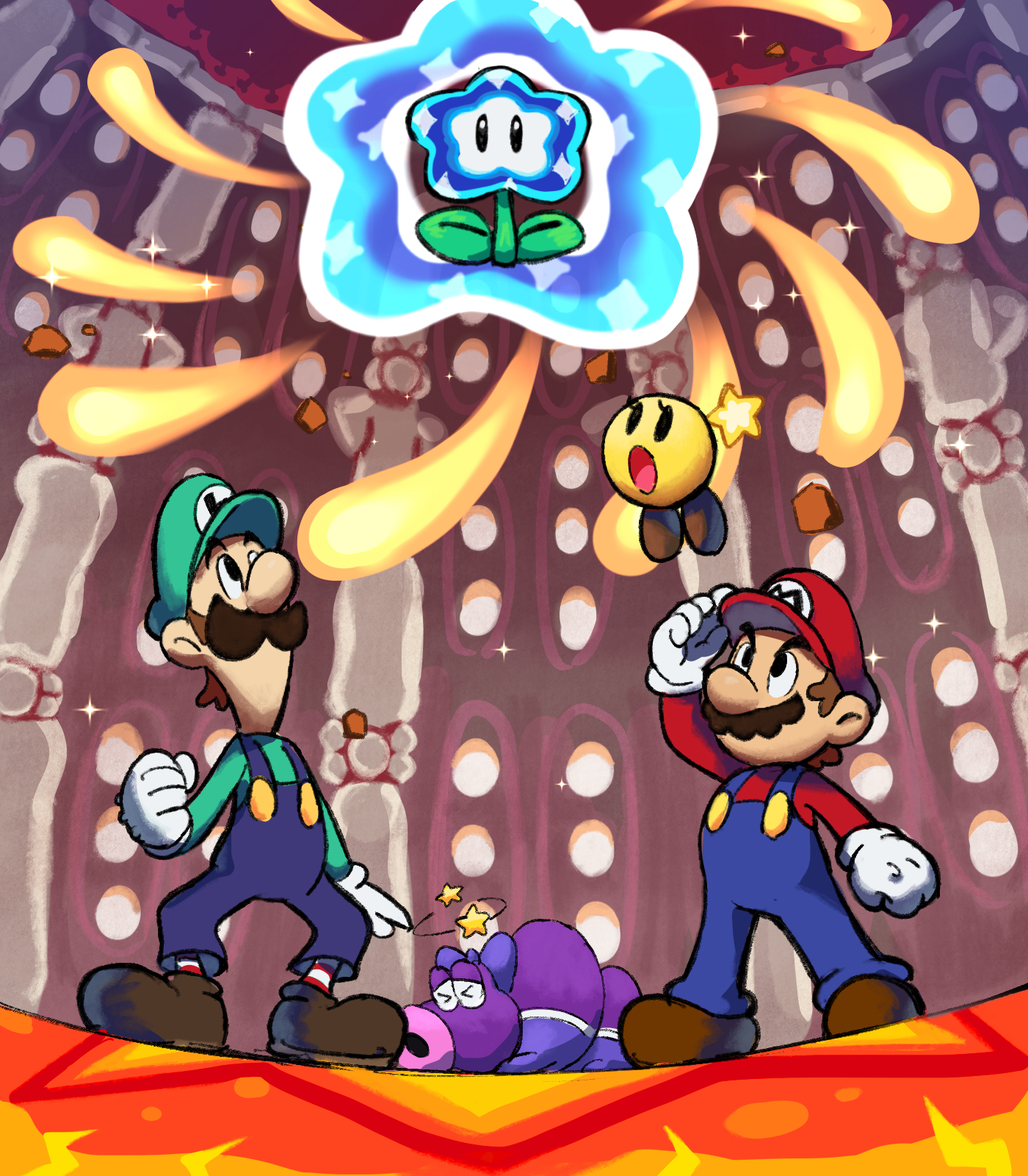 yamari (ya mari 6363), durmite x, luigi, mario, starlow, mario & luigi: bowser's inside story, mario & luigi rpg, mario (series), nintendo, super mario bros. wonder, highres, 2boys, blue overalls, boots, boss fight, brothers, brown hair, brown shoes, facial hair, gloves, green hat, green shirt, hat, in-universe location, long sleeves, masanori sato (style), multiple boys, mustache, newsboy cap, overalls, red hat, red shirt, red socks, shirt, shoes, siblings, socks, star (symbol), striped clothes, striped socks, white gloves, white socks, wonder flower