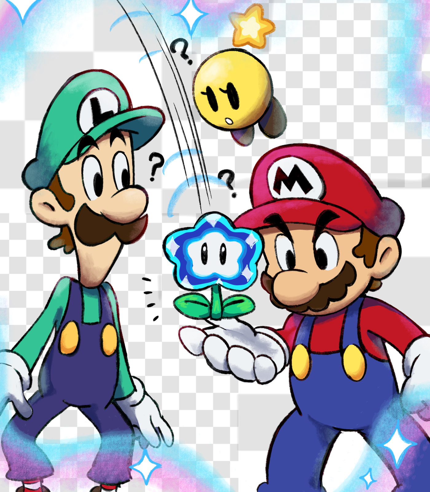 yamari (ya mari 6363), luigi, mario, starlow, mario & luigi rpg, mario (series), nintendo, super mario bros. wonder, highres, 2boys, ?, blue overalls, brothers, brown hair, checkered background, facial hair, fake transparency, gloves, green hat, green shirt, hat, male focus, masanori sato (style), multiple boys, mustache, newsboy cap, overalls, patterned background, red hat, red shirt, red socks, shirt, short hair, siblings, socks, sparkle, striped clothes, striped socks, two-tone socks, white gloves, white socks, wonder flower