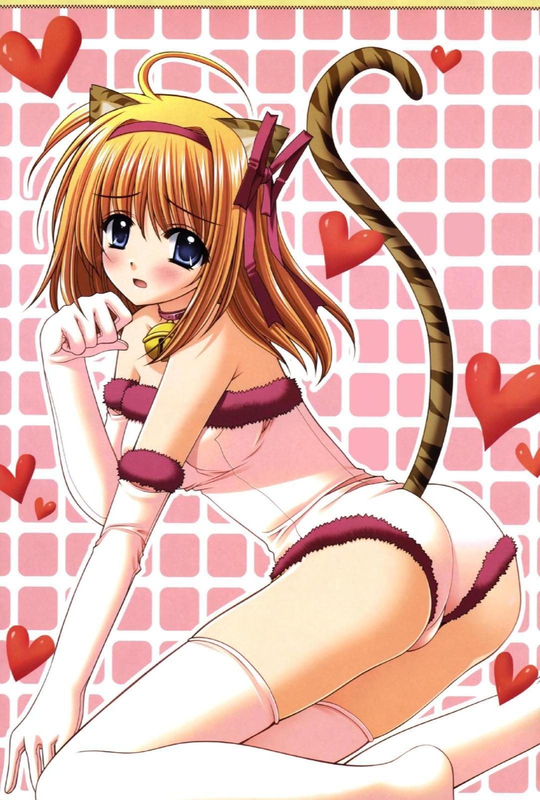 nishimata aoi, fuyou kaede, shuffle!, highres, jpeg artifacts, official art, animal ears, ass, bell, blue eyes, cat ears, cat tail, catsuit, collar, elbow gloves, gloves, hairband, heart, jingle bell, kittysuit, neck bell, orange hair, short hair, tail, thighhighs
