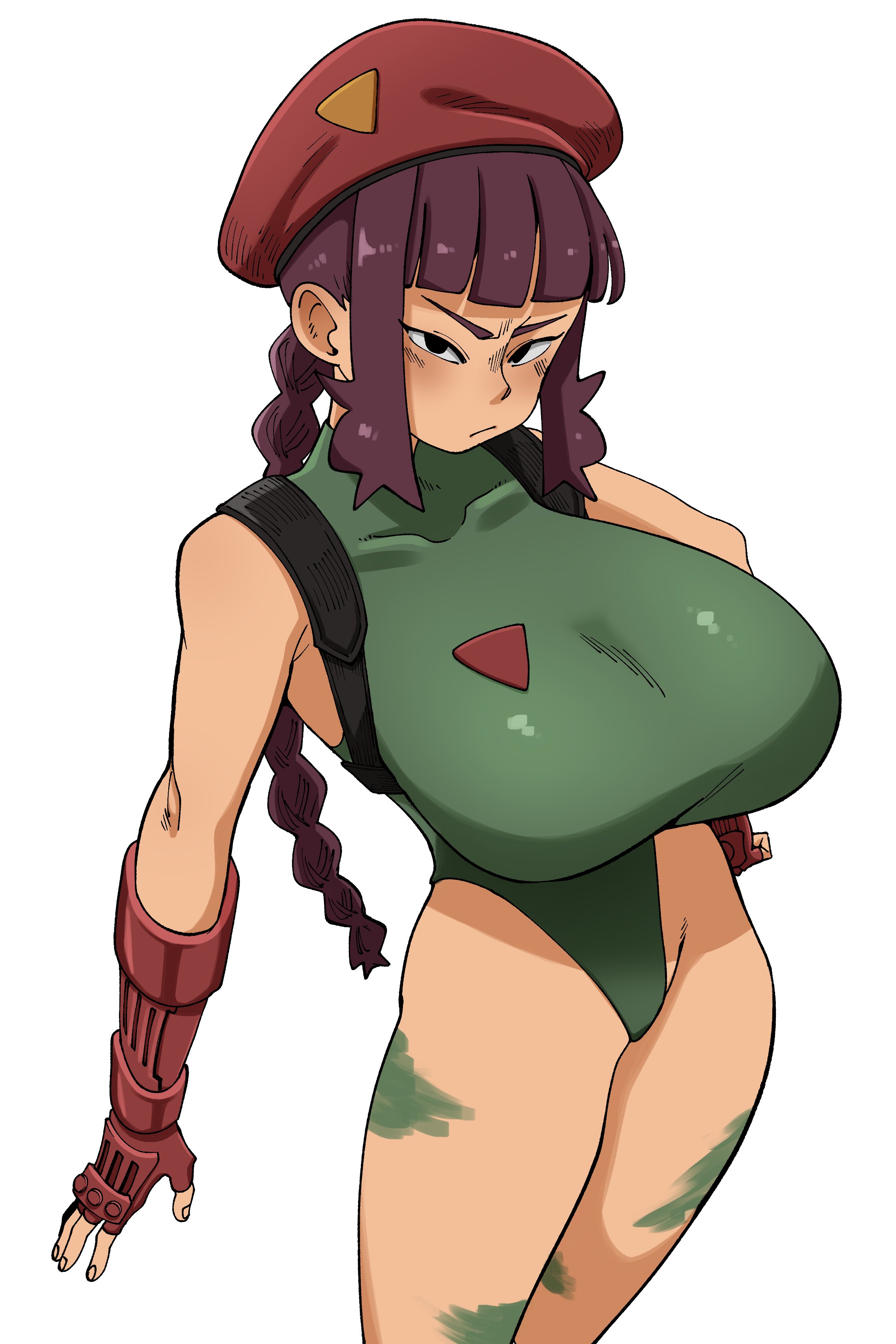 nuclear wasabi, cammy white, command grab (nuclear wasabi), original, street fighter, absurdres, highres, 1girl, bare shoulders, breasts, brown hair, cammy white (cosplay), cosplay, fingerless gloves, gloves, hat, simple background, solo, standing, twintails