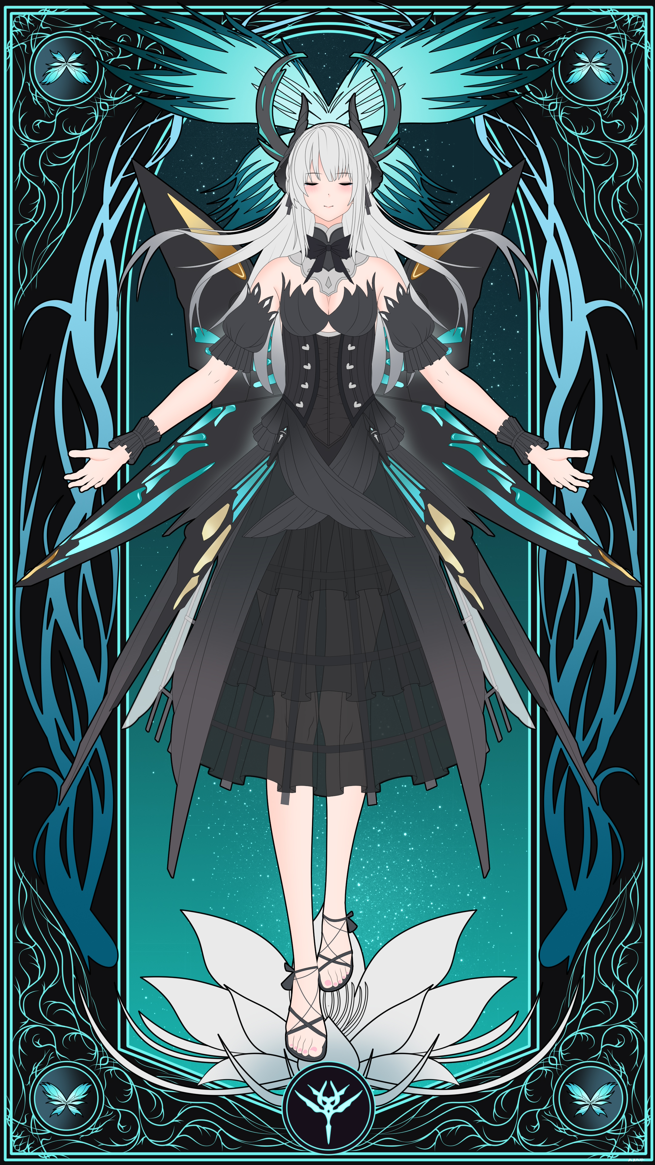 a3a4-zeus, liv: empyrea (dreamcatcher) (pgr), liv: empyrea (pgr), liv (pgr), punishing: gray raven, absurdres, highres, 1girl, bare shoulders, black dress, black halo, black wrist cuffs, braid, breasts, butterfly wings, cleavage, detached collar, detached sleeves, dress, fake wings, grey hair, hair ornament, halo, halo behind head, high heel sandals, insect wings, puffy sleeves, sandals, solo, wing hair ornament, wings, wrist cuffs