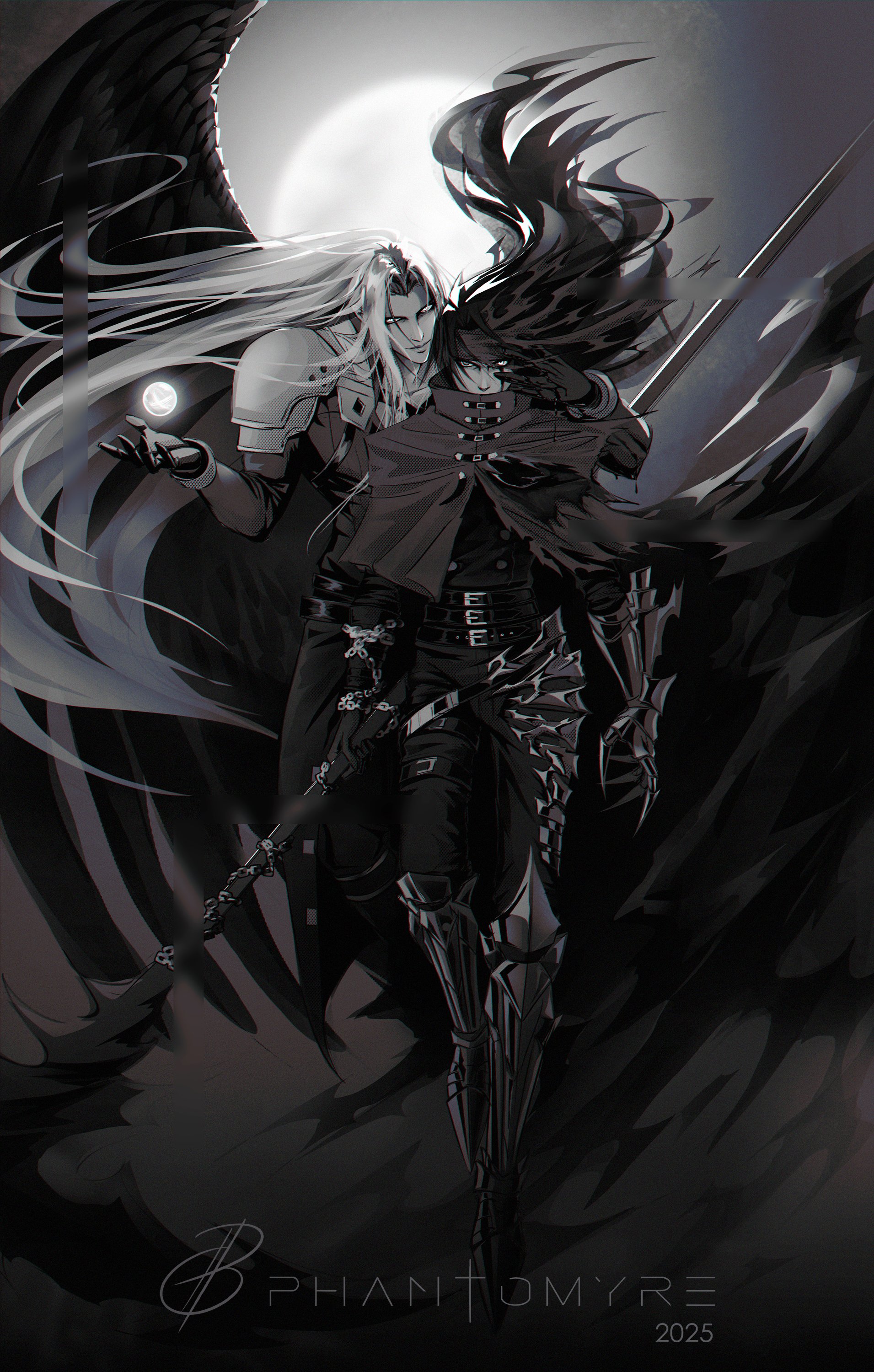 phantomyre, sephiroth, vincent valentine, final fantasy, final fantasy vii, final fantasy vii rebirth, final fantasy vii remake, absurdres, commentary, english commentary, highres, 2025, 2boys, armor, armored boots, artist name, belt, belt buckle, black coat, black gloves, black hair, blood, boots, buckle, cape, cloak, coat, covered mouth, floating hair, full body, full moon, gauntlets, gloves, grey hair, hand on another's cheek, hand on another's face, headband, heads together, holding, holding weapon, long hair, long sleeves, looking at viewer, male focus, moon, multiple belts, multiple boys, parted bangs, shoulder armor, single gauntlet, single wing, weapon, wings